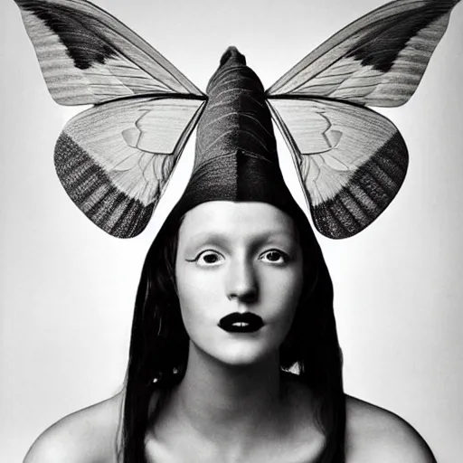 Image similar to a person with moth wings and a proboscis, large format film fashion photograph by richard avedon