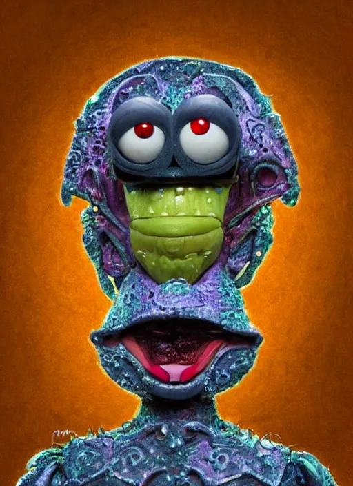 Image similar to occult muppet with glowing haunted eyes, metal skin, intricate, elegant, highly detailed, centered, digital painting, artstation, concept art