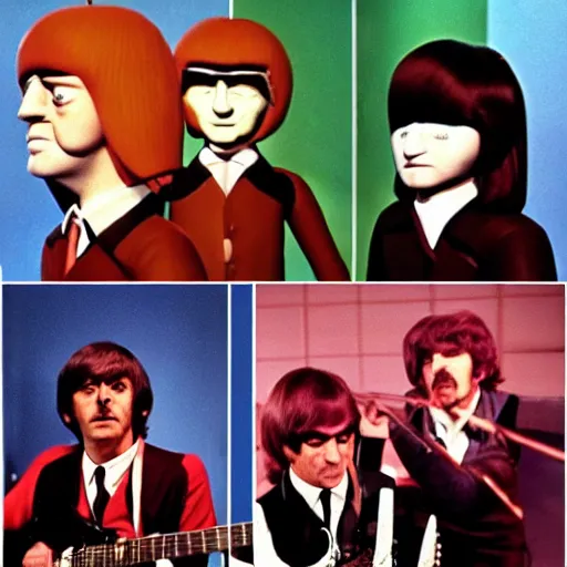 Image similar to stills from puppets movie by gerry anderson about the beatles, that band, vintage film, 1 9 6 0 s