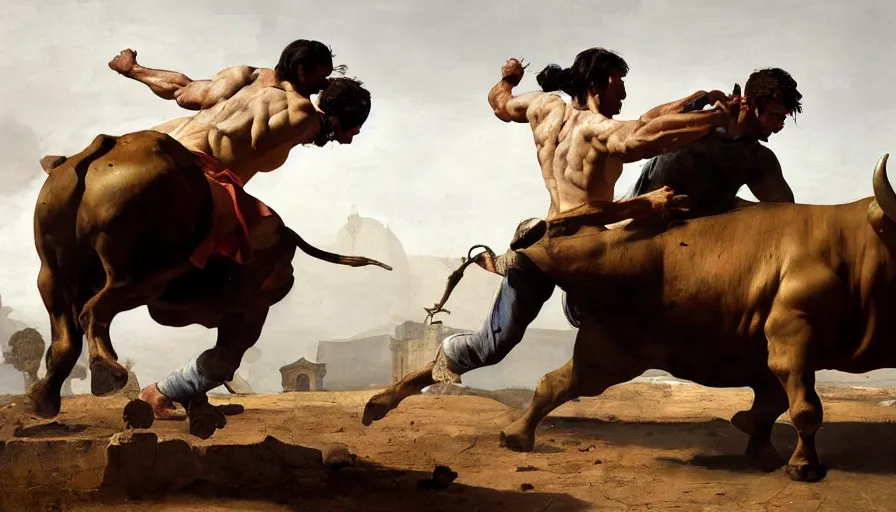 Prompt: man fights with a bull, ancient rome, intricate, paint texture, old masters, caravaggio, repin, solid anatomy, elegant, volumetric lighting, digital painting, highly detailed, artstation, sharp focus, illustration, concept art, ruan jia, steve mccurry