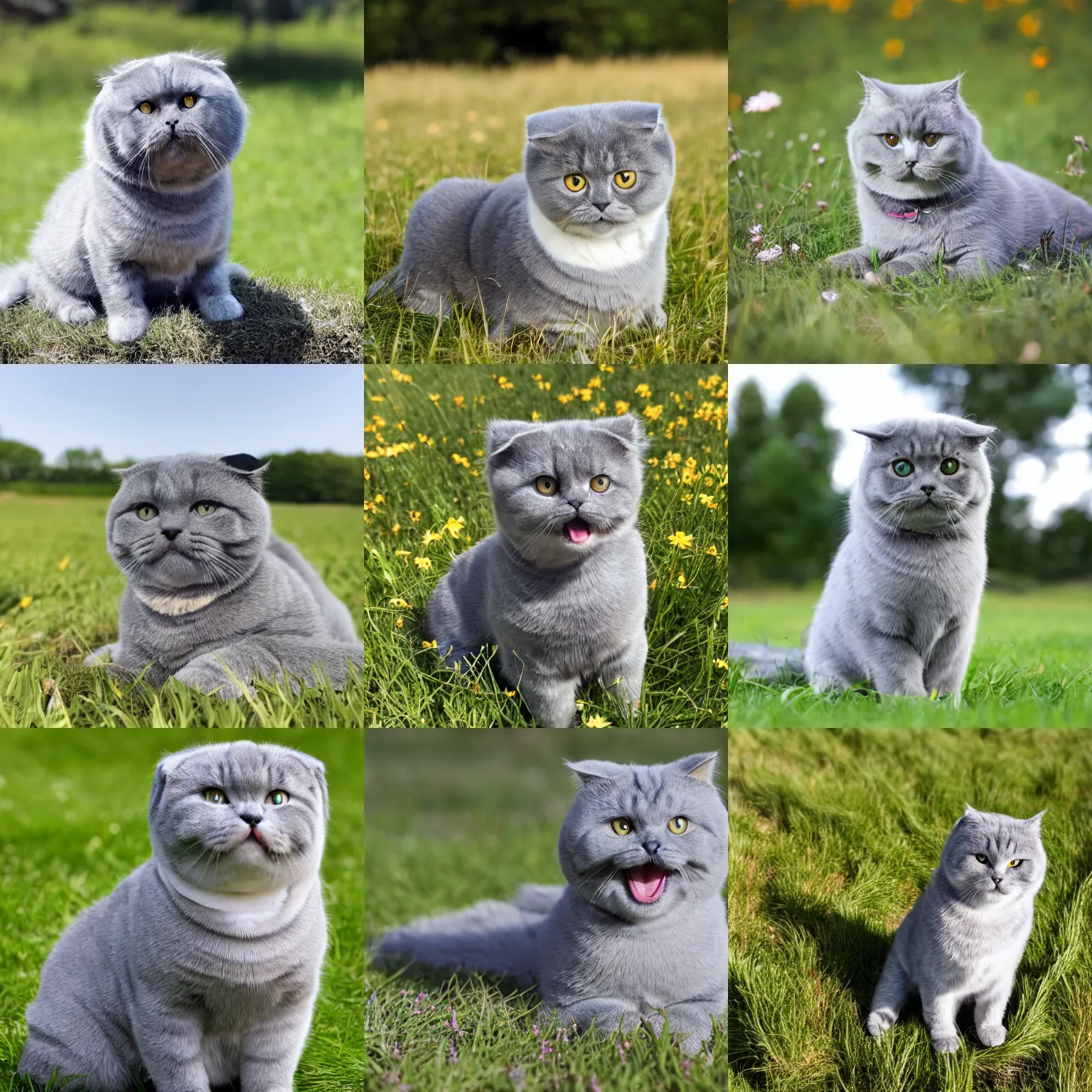 Prompt: ash gray scottish fold sitting in the middle of sunny meadow