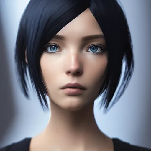 Image similar to « portrait, attractive, blue eyes, black hair, middle length hair, ghost in the shell, front view, unreal engine 5 »