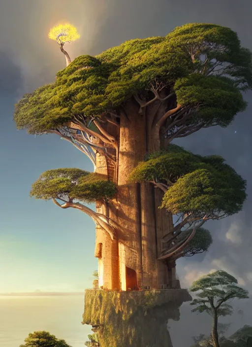 Prompt: a modern treehouse made on the side of a cliff in madagascar, baobab tree, an enormous smoky volcano in the background, artstation, an epic fantasy, cinematic lighting, hyper realistic, photographic, sharp focus, by greg rutkowski and wolp