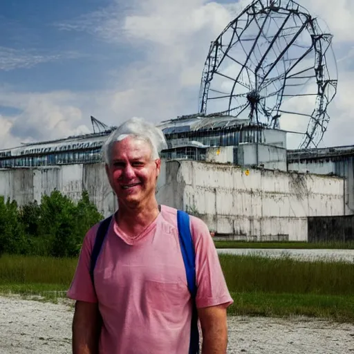 Image similar to a cheery man, on holiday at chernobyl nuclear plant, glowing background