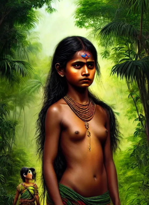 Image similar to photo of a sri lankan jungle girl in the style of stefan kostic, realistic, full body shot, sharp focus, 8 k high definition, insanely detailed, intricate, elegant, art by stanley lau and artgerm, dark, gloomy street background