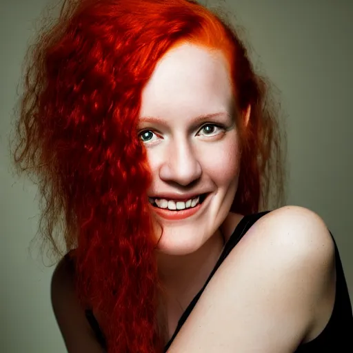 Image similar to artistic photo of a young beautiful woman with red hair and green eyes looking at the camera, smiling slightly, studio lighting, award winning photo by Annie Liebowitz