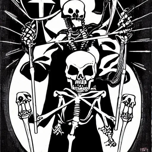 Prompt: Two evil skeleton, staggering back at the sight of a neon crucifix. The skeletons are on both sides of the cross. Dark Fantasy, Film Noir, Black and White. High Contrast, Mike Mignola, D&D, OSR