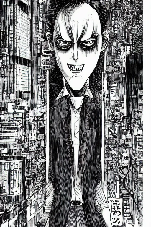 Image similar to junji ito illustration of an orange-headed businessman, creepy face, cyberpunk city