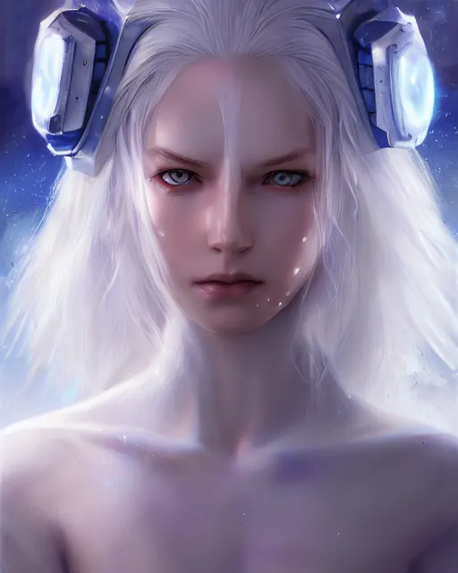 Image similar to perfect white haired girl, ethereal armor, beautiful, pretty face, blue eyes, detailed, windy weather, scifi, platform, laboratory, experiment, 4 k, ultra realistic, epic lighting, high detail, masterpiece, by akihito tsukushi, charlie bowater, ross tran