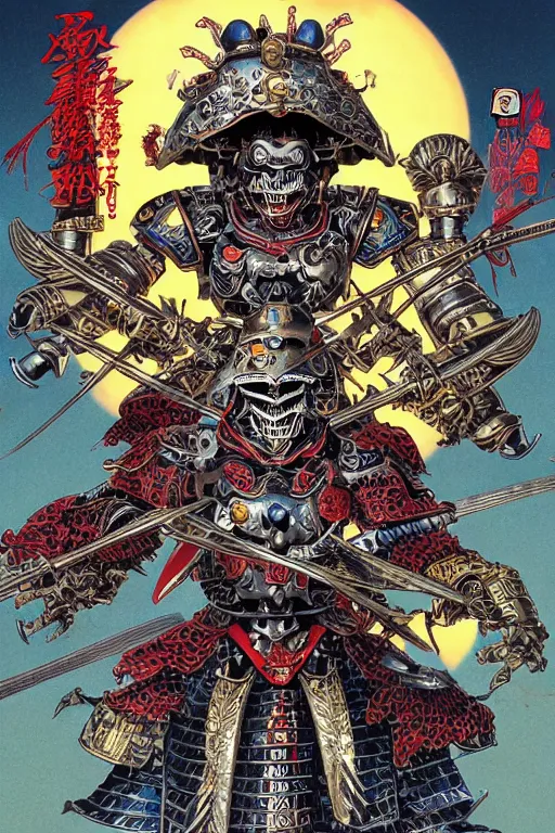 Image similar to magazine cover of crazy roborts skeletor warrior with the tang dynasty of china armor and helmet, by yoichi hatakenaka, masamune shirow, josan gonzales and dan mumford, ayami kojima, takato yamamoto, barclay shaw, karol bak, yukito kishiro