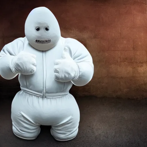 Image similar to the michelin man has his hands behind his back in handcuffs. there is blood on the ground. realistic, high definition, photography, highly detailed.