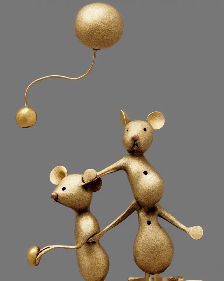 Image similar to a modern art statue of cute mouse standing on two legs and holding a round bell made with white marble and gold, trending on artstation