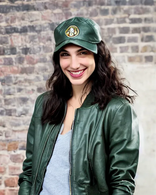 Prompt: headshot of a smiling, gal gadot, she is wearing a leather bomber cap on her head, she is also wearing an a 2 flight jacket, a long green wool scarf is wrapped around her neck