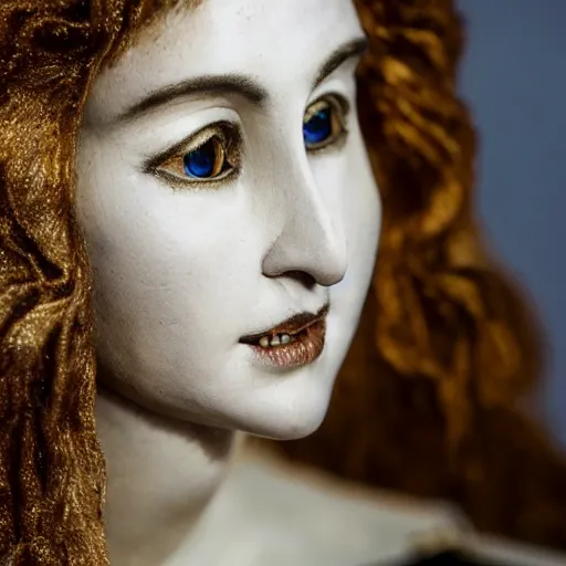 Image similar to photo taken of an epic intricate, ultra detailed, super realistic bust of a young majestic gracious regal beautiful aristocratic female vampire stop motion puppet created by weta workshop, menacing, some zoomed in shots, photorealistic, sharp focus, white wall, extremely cold blueish colour temperature, 3 5 mm, f 1. 4, golden ratio