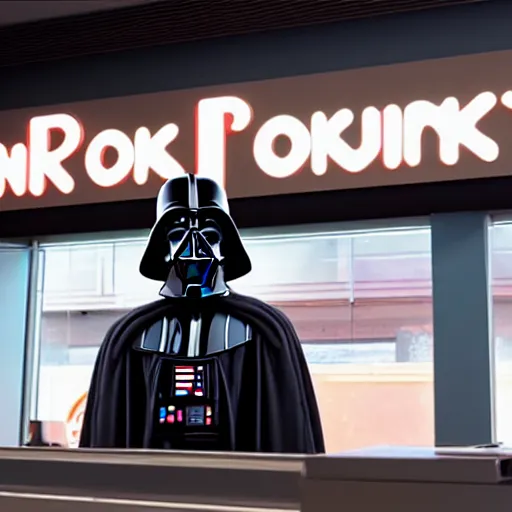 Image similar to darth vador working at dunkin donuts , 8k cinematic lighting, very sharp detail, anatomically correct