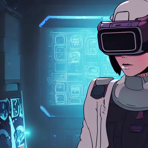 Prompt: a portrait of a female space pirate wearing vr headset and cyber military helmet, cyberpunk aesthetic, ghost in the shell style, akira, Studio Ghibli, manga art
