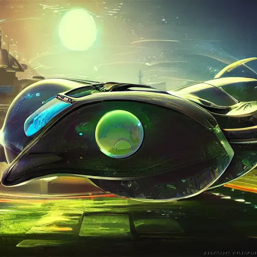 Prompt: solarpunk hovercar, clean energy, green technology, batoidea shape, sunny day, futurism, intricate, engines, glow, highly detailed, peaceful, utopia, bright, digital painting, artstation, concept art, smooth, sharp focus, epic landscape, art by akihiko yoshida and tim mcburnie and anato finnstark