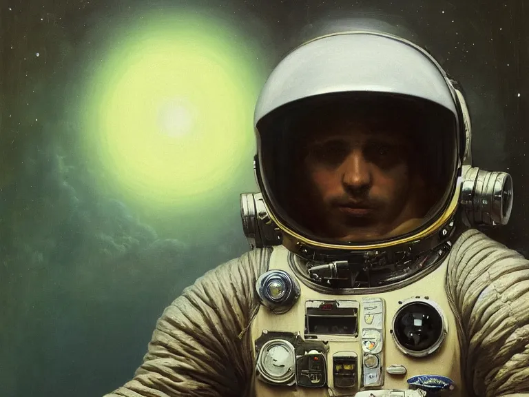 Image similar to a detailed profile oil painting of pilot in a spacesuit with reflective visor, flight suit, portrait symmetrical and science fiction theme with aurora lighting by beksinski carl spitzweg and tuomas korpi. baroque elements, full-length view. baroque element. intricate artwork by caravaggio. Trending on artstation. 8k