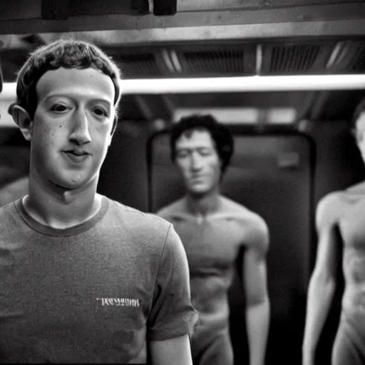 Image similar to mark zuckerberg sitting in front of his clones growing inside a vat of protein fluid. They are inside the cloning med bay of an alien ship. From the movie Alien IV directed by David Fincher.