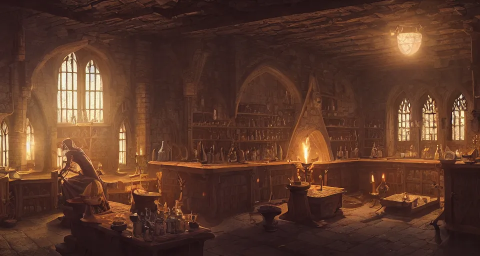 Image similar to highly detailed medieval alchemy lab in a castle, stephen bliss, unreal engine, greg rutkowski, loish, rhads, beeple, makoto shinkai and lois van baarle, ilya kuvshinov, rossdraws, tom bagshaw, tom whalen, alphonse mucha, global illumination, god rays, detailed and intricate environment