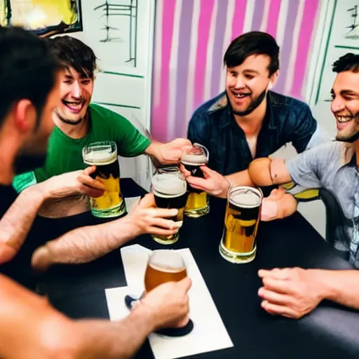 Image similar to a group of 2 7 year old men sharing a beer at a table in the style of pokemon the anime