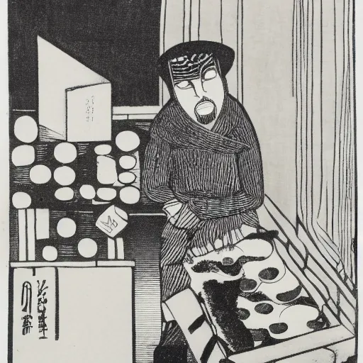 Image similar to Moodymann browsing a crate of reocrds, black ink illustration, woodblock print, by Aubrey Beardsley