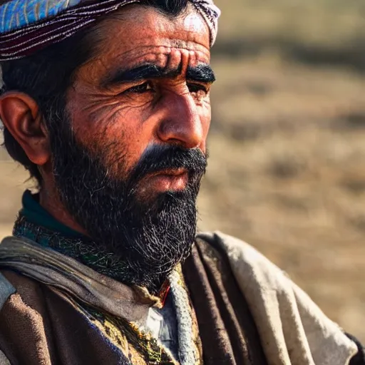 Image similar to Close up of a Kurdish shepherd wearing traditional Kurdish clothes in a movie directed by Christopher Nolan, movie still frame, promotional image, imax 70 mm footage