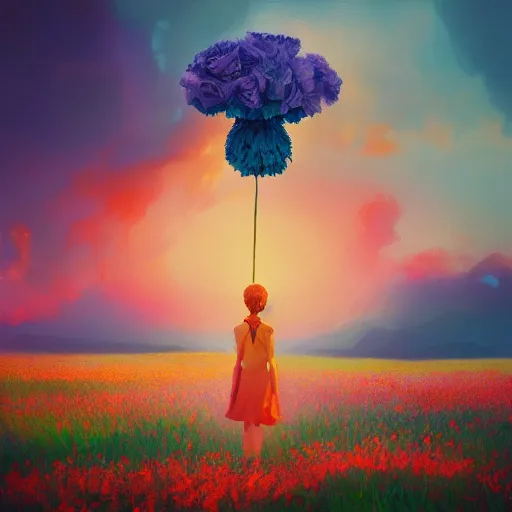 Image similar to girl with a giant carnation head, surreal photography, flower field, sunset dramatic light, impressionist painting, colorful clouds, blue sky, digital painting, artstation, simon stalenhag