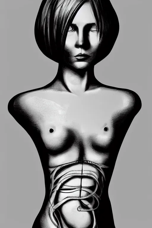 Prompt: portrait of a girl in long pants and a top, hands in pockets, eyes closed, bob haircut, digital art, black and white, illustration by giger