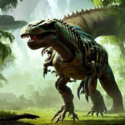 Image similar to A part cyborg part dinosaur hybrid of a T-Rex strolling along a lush green forest from the playstation 5 game Horizon Zero Dawn world, half cyborg T-Rex, sci-fi concept art, highly detailed, oil on canvas by James Gurney