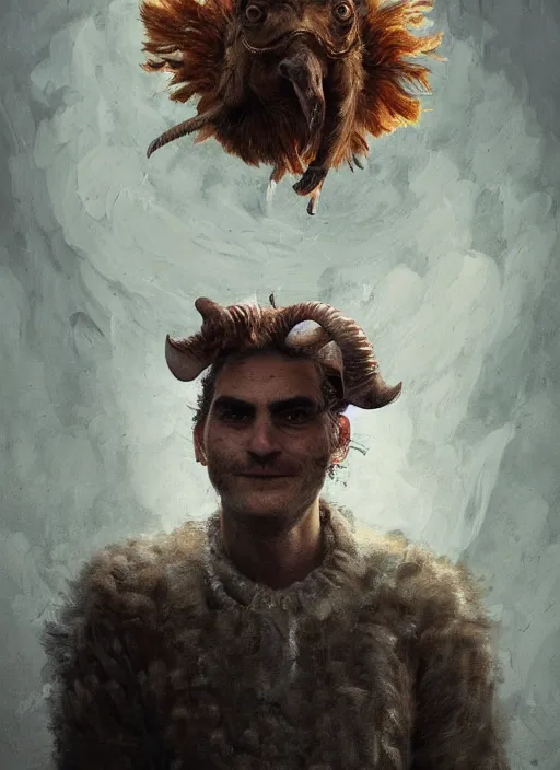 Image similar to a hyper detailed painting of an anthropomorphic joaquin phoenix, cow horns, pig nose, sheep wool, chicken feathers, horror, by anna podedworna, by miklos ligeti, by diego maricato, by taran fiddler, by antonino truisi, by chris reddie, by jinsung lim, on artstation