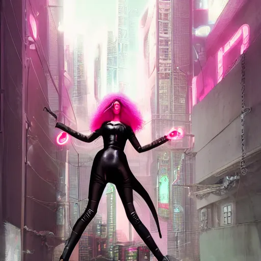 Prompt: Cyperpunk 2077 woman, pink hair, dressed in a black swetter, in a city of the future by Andrei Riabovitchev, sakimi chan, Jiyeon Ryu and Peter Mohrbacher , beautifully detailed symmetrical mannequin body, large eyes, full body shot, cyberpunk neon