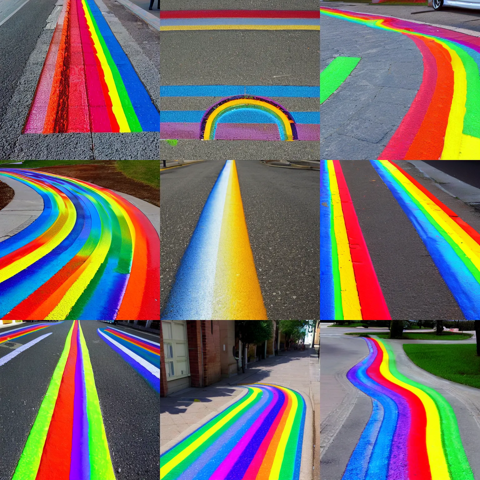 Prompt: rainbow road made out of tesselated pavements