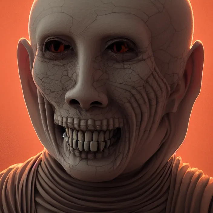 Prompt: portrait of Buddhist Monk as skeleton. intricate abstract. intricate artwork. by Tooth Wu, wlop, beeple, dan mumford. octane render, trending on artstation, greg rutkowski very coherent symmetrical artwork. cinematic, hyper realism, high detail, octane render, 8k, iridescent highlights