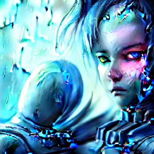 Prompt: An hyperrealistic portrait painting of a cyber warrrior girl, no face mask, blue and ice silver color armor, ultradetailed face expression by WLOP and Nixeu, cyberpunk color feel raining at tokyo midnight rooftop, unreal 5, DAZ, 8k, hyperrealistic, octane render, cosplay, RPG portrait, final fantasy artwork concept, dramatic lighting, rim lights, PS5 render quality