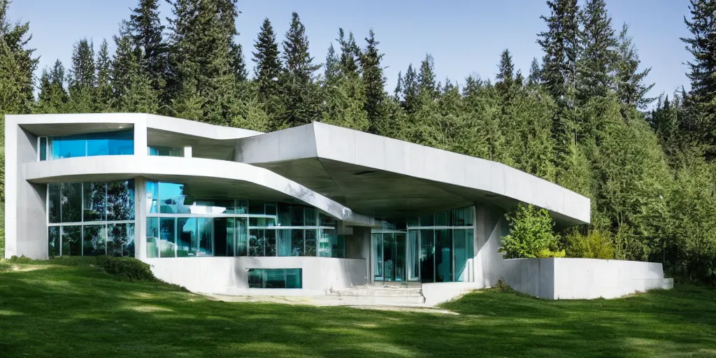 Prompt: large futuristic residence, cascadian, white and gray concrete, large green glass windows, triangular elements, blue metal