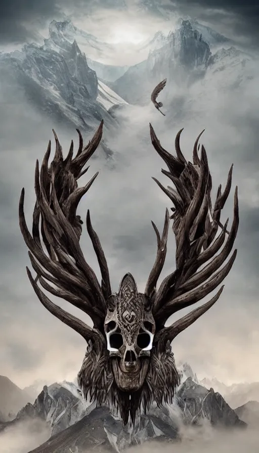 Prompt: gigantic goddess of wildlife wearing unknown animal skull mask with thousand horns looming over misty mountains forest