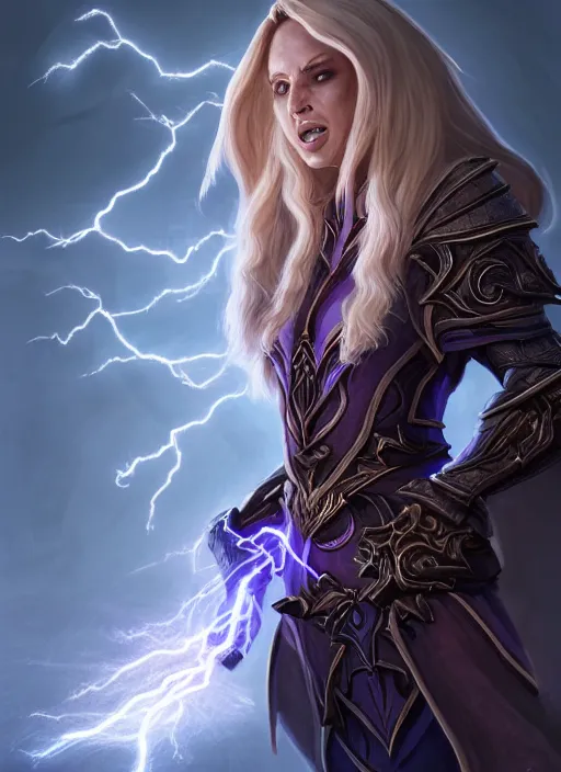 Image similar to portrait of an athletic female sorcerer yelling and casting a lightning spell as a diablo 3 character, looking at camera, her robe is infused with lightning bolts, D&D, lightning master, long blond hair, intricate, elegant, stylish, fantasy, extremely detailed, digital painting, artstation, concept art, smooth, sharp focus, illustration, ambient lighting, art by artgerm and greg rutkowski and alphonse mucha and simon stalenhag
