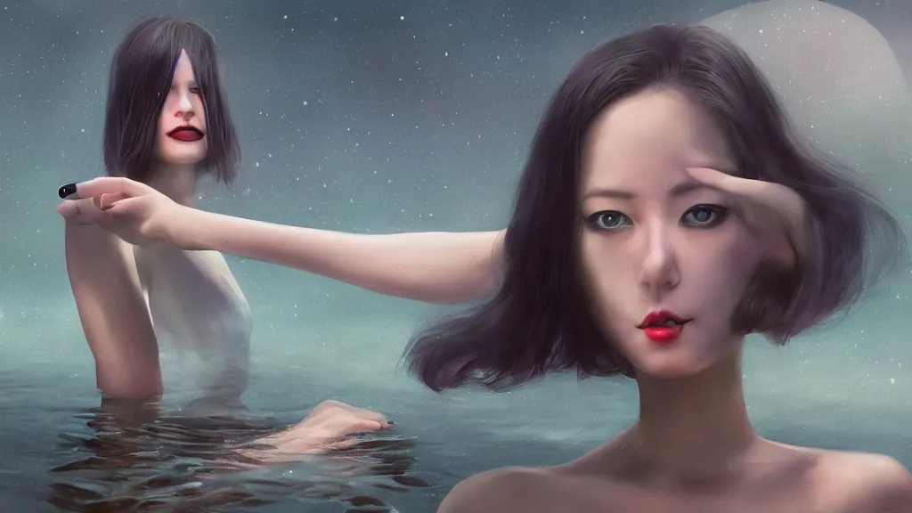 Image similar to whimsical, a beautiful whimsical woman, wearing professional makeup, standing in a lake, raising an arm, under a binary black hole with a ring, by Greg Rutkowski, by Ilya Kuvshinov, by artgerm, by Studio Ghibli, face enhance, volumetric lighting, 4k resolution, octane render, trending on artstation