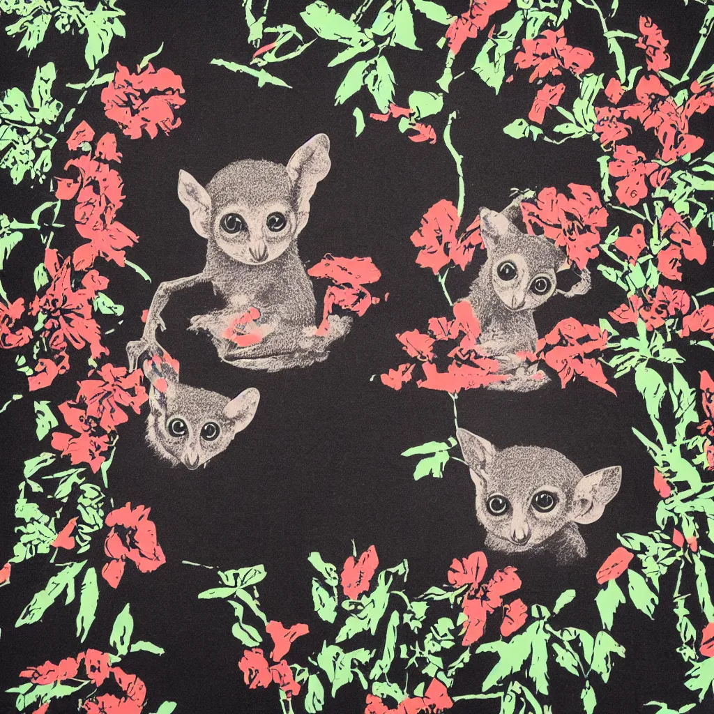 Prompt: a black tshirt, with a silkscreen print of a bushbaby on lsd trip