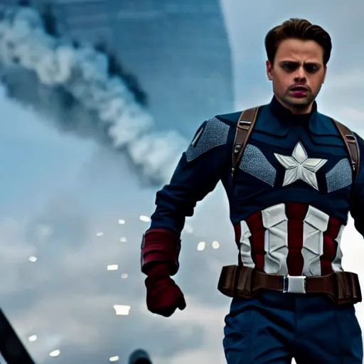 Image similar to sebastian stan as captain america, cinematic shot with sparkles and destroyed land, imax, high quality image, movie hollywood, commosition