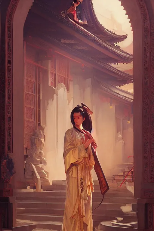 Image similar to temple, taoism, painting by greg rutkowski, j. c. leyendecker, artgerm