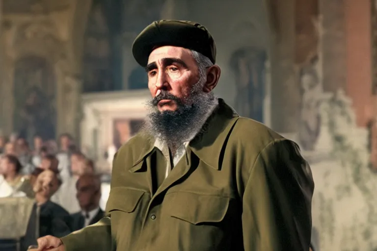 Prompt: Fidel Castro oscar acceptance speech, movie still frame, promotional image, imax 70 mm footage, oscar nominated cinematography, volumetric lighting, 8k resolution