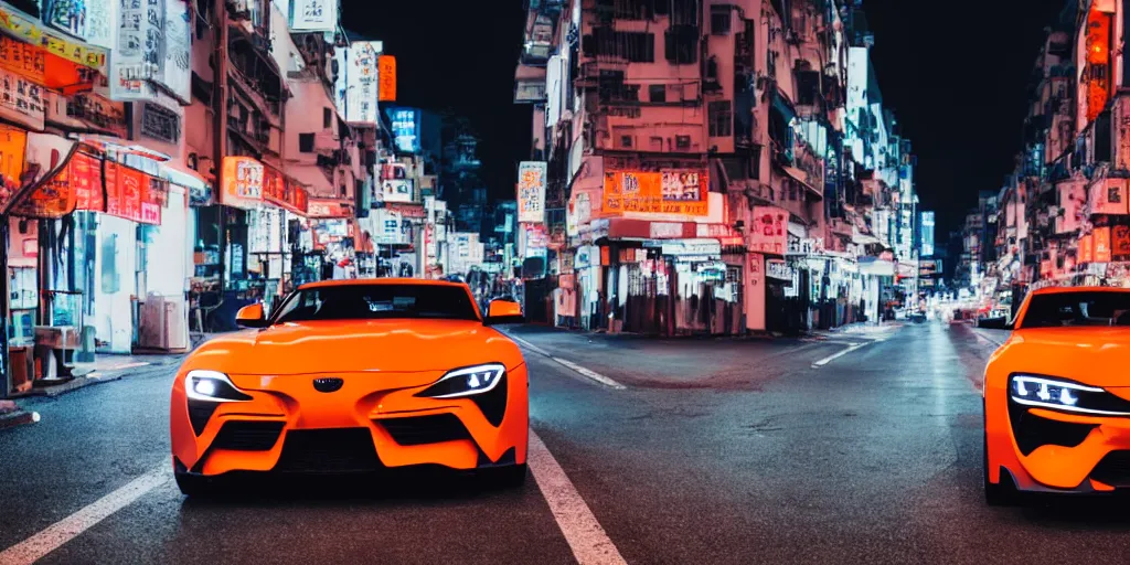 Image similar to orange supra in the middle of a road on the night Hong Kong china town, blue color grading, cinematic color grading , unreal 5, hyperrealistic, realistic, photorealistic, dynamic lighting, highly detailed, cinematic landscape, studio landscape, studio lighting