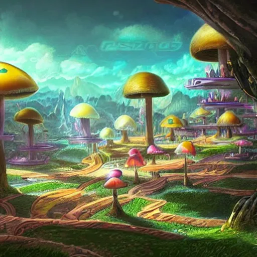 Image similar to beautiful matte art of a mushroom kingdom in the style of futuristic 1 8 th / 1 9 th / 2 0 th century concept art detailed realistic, highly detailed, crystal lighting, hyperrealistic, unreal engine, magical