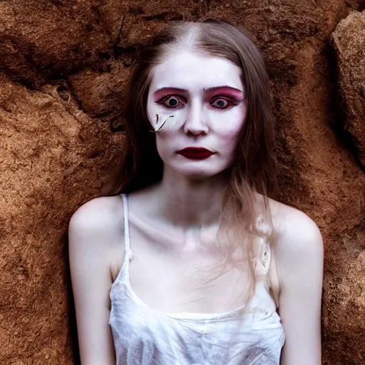 Prompt: The full body shot of beautiful pale lady with a while flower and full-face golden mask in a rocky desert background, multiple eyes and eyes reflection, long hair, photography, wide shot, day, cinematic composition, practical effects, award winning photo, 8k