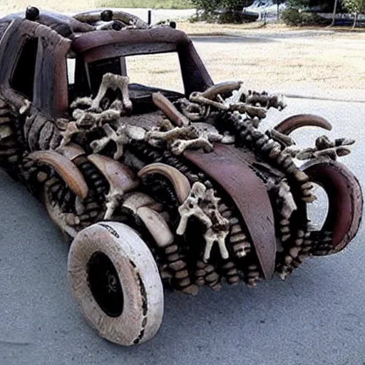 Prompt: mad Max car made out of bones horns and shells