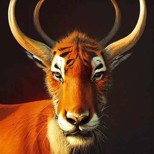 Image similar to a dramatic head portrait of a antelope in!!! tiger!!! skin, cinematic lighting, symmetric face by karol bak, christopher balaskas