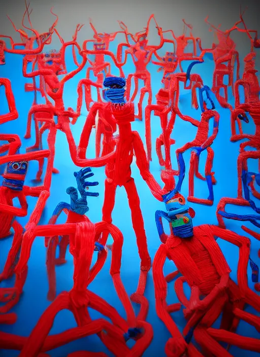 Image similar to room full of giant blue and red people made out of pipecleaners in a baroque style of Jean-Michel Basquiat, 3D cinematic lighting, spotlight at a 90 DEGREE ANGLE, photorealism, octane render, depth of field, 8k, 35mm, artgem, Trending on artstation