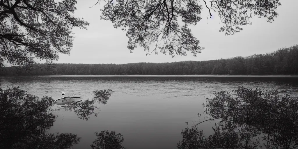 Image similar to centered photograph of a long rope snaking across the surface of the water, floating submerged rope stretching out towards the center of the lake, a dark lake on a cloudy day, mood, trees in the background, anamorphic lens